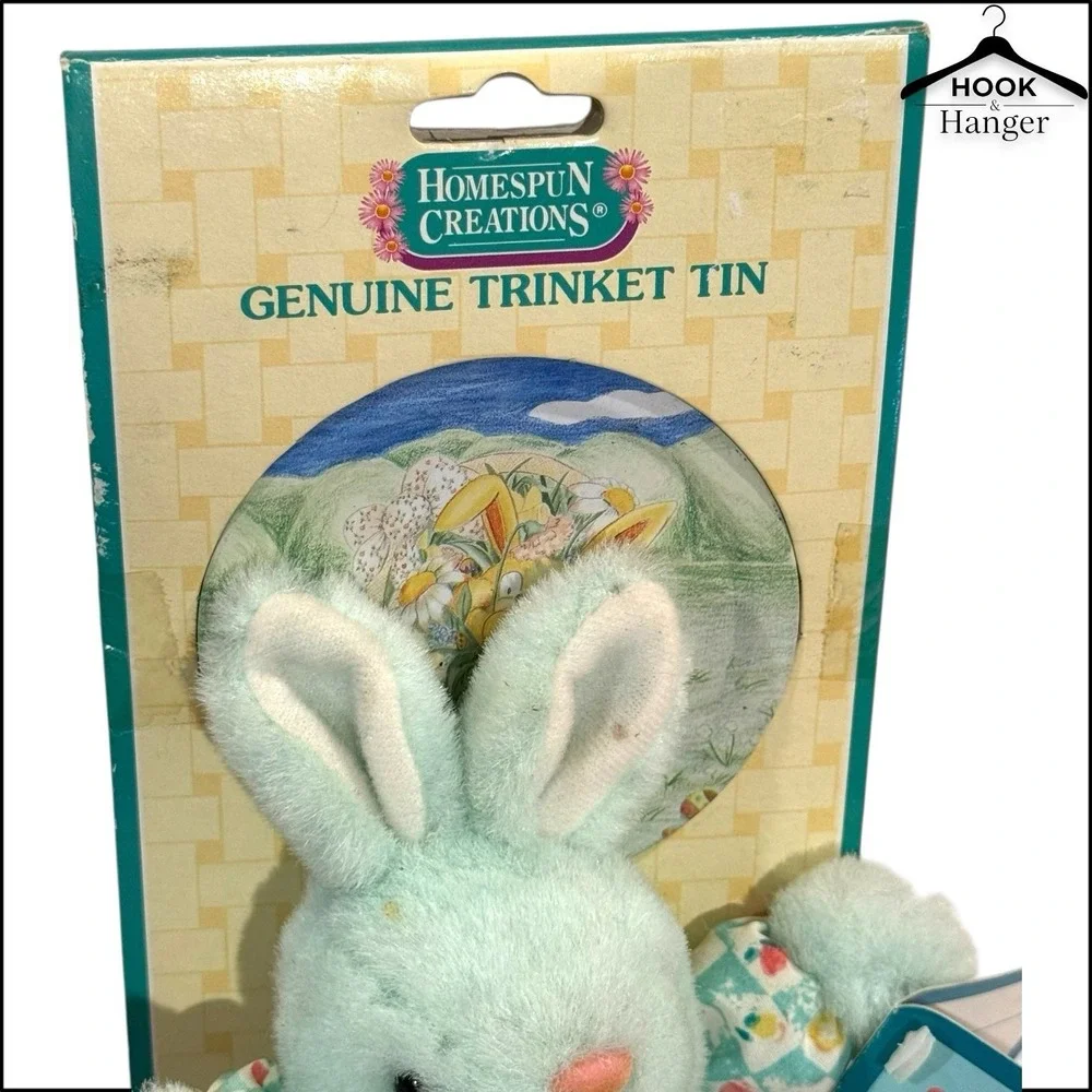 Vintage‎ Homespun Creations Easter Trinket Tin Bucket Lid Mint Green Bunny 90s